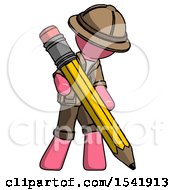 Poster, Art Print Of Pink Explorer Ranger Man Writing With Large Pencil