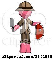 Poster, Art Print Of Pink Explorer Ranger Man Holding Large Steak With Butcher Knife