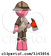 Poster, Art Print Of Pink Explorer Ranger Man Holding Red Fire Fighters Ax