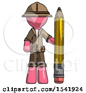 Poster, Art Print Of Pink Explorer Ranger Man With Large Pencil Standing Ready To Write