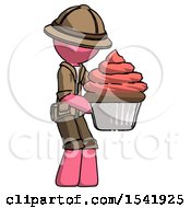 Poster, Art Print Of Pink Explorer Ranger Man Holding Large Cupcake Ready To Eat Or Serve