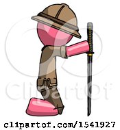 Poster, Art Print Of Pink Explorer Ranger Man Kneeling With Ninja Sword Katana Showing Respect