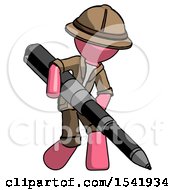 Pink Explorer Ranger Man Writing With A Really Big Pen