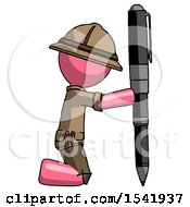 Pink Explorer Ranger Man Posing With Giant Pen In Powerful Yet Awkward Manner