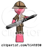 Pink Explorer Ranger Man Posing Confidently With Giant Pen