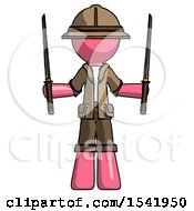Pink Explorer Ranger Man Posing With Two Ninja Sword Katanas Up