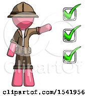 Poster, Art Print Of Pink Explorer Ranger Man Standing By List Of Checkmarks