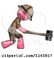 Poster, Art Print Of Pink Explorer Ranger Man Hitting With Sledgehammer Or Smashing Something