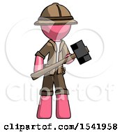 Poster, Art Print Of Pink Explorer Ranger Man With Sledgehammer Standing Ready To Work Or Defend