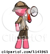 Poster, Art Print Of Pink Explorer Ranger Man Shouting Into Megaphone Bullhorn Facing Right