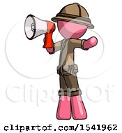 Poster, Art Print Of Pink Explorer Ranger Man Shouting Into Megaphone Bullhorn Facing Left