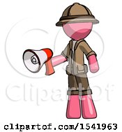 Poster, Art Print Of Pink Explorer Ranger Man Holding Megaphone Bullhorn Facing Right