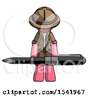 Poster, Art Print Of Pink Explorer Ranger Man Weightlifting A Giant Pen