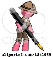 Poster, Art Print Of Pink Explorer Ranger Man Drawing Or Writing With Large Calligraphy Pen