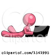Poster, Art Print Of Pink Design Mascot Woman Using Laptop Computer While Lying On Floor Side Angled View