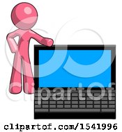 Poster, Art Print Of Pink Design Mascot Man Beside Large Laptop Computer Leaning Against It