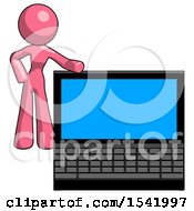 Pink Design Mascot Woman Beside Large Laptop Computer Leaning Against It