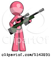 Pink Design Mascot Man Holding Sniper Rifle Gun