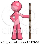 Pink Design Mascot Man Holding Staff Or Bo Staff