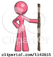 Pink Design Mascot Woman Holding Staff Or Bo Staff
