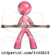 Pink Design Mascot Woman Bo Staff Kung Fu Defense Pose