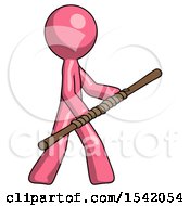 Poster, Art Print Of Pink Design Mascot Man Holding Bo Staff In Sideways Defense Pose