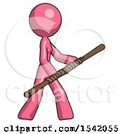 Poster, Art Print Of Pink Design Mascot Woman Holding Bo Staff In Sideways Defense Pose