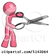 Pink Design Mascot Man Holding Giant Scissors Cutting Out Something