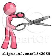 Pink Design Mascot Woman Holding Giant Scissors Cutting Out Something