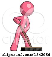 Pink Design Mascot Man Cleaning Services Janitor Sweeping Floor With Push Broom