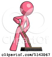 Pink Design Mascot Woman Cleaning Services Janitor Sweeping Floor With Push Broom