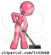 Pink Design Mascot Man Cleaning Services Janitor Sweeping Side View
