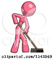 Pink Design Mascot Woman Cleaning Services Janitor Sweeping Side View