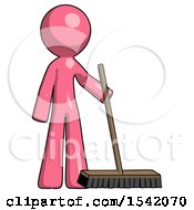 Pink Design Mascot Man Standing With Industrial Broom
