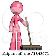 Pink Design Mascot Woman Standing With Industrial Broom
