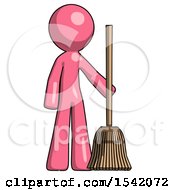 Pink Design Mascot Man Standing With Broom Cleaning Services
