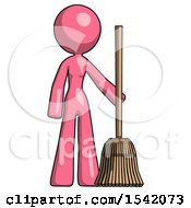 Pink Design Mascot Woman Standing With Broom Cleaning Services