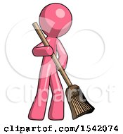 Pink Design Mascot Man Sweeping Area With Broom