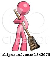 Poster, Art Print Of Pink Design Mascot Woman Sweeping Area With Broom