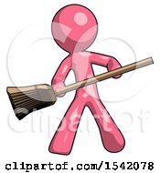 Pink Design Mascot Man Broom Fighter Defense Pose