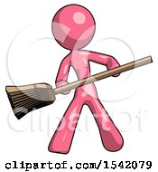 Pink Design Mascot Woman Broom Fighter Defense Pose