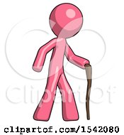 Pink Design Mascot Man Walking With Hiking Stick