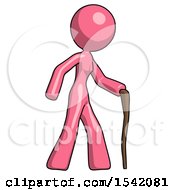 Pink Design Mascot Woman Walking With Hiking Stick