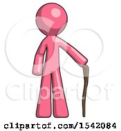 Pink Design Mascot Man Standing With Hiking Stick