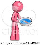 Pink Design Mascot Man Looking At Large Compass Facing Right