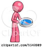 Poster, Art Print Of Pink Design Mascot Woman Looking At Large Compass Facing Right