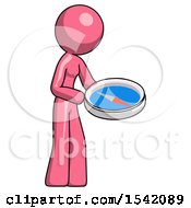 Pink Design Mascot Woman Looking At Large Compass Facing Right