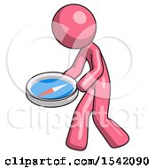 Pink Design Mascot Man Walking With Large Compass