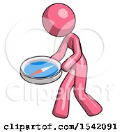 Pink Design Mascot Woman Walking With Large Compass