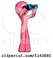 Pink Design Mascot Man Looking Through Binoculars To The Right